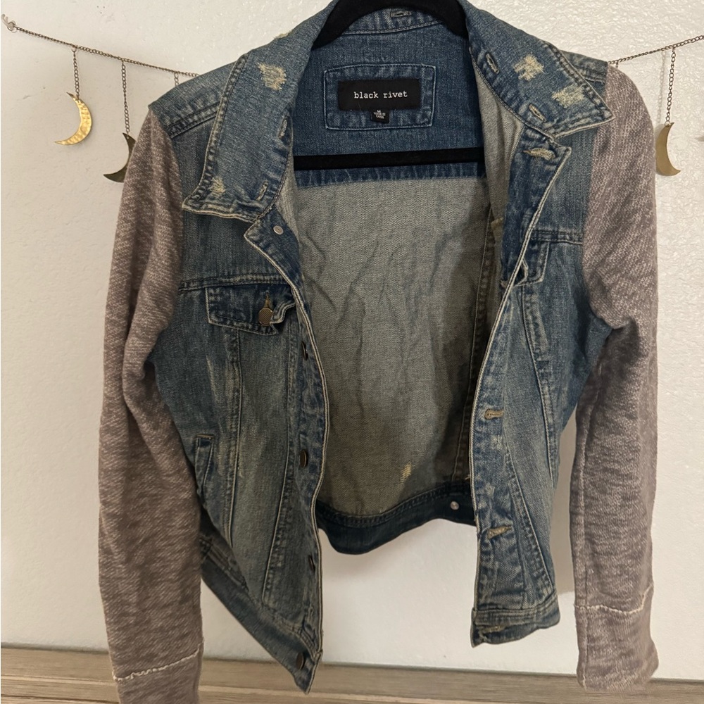 Black Rivet Blue Denim Jacket with Gray Sleeves